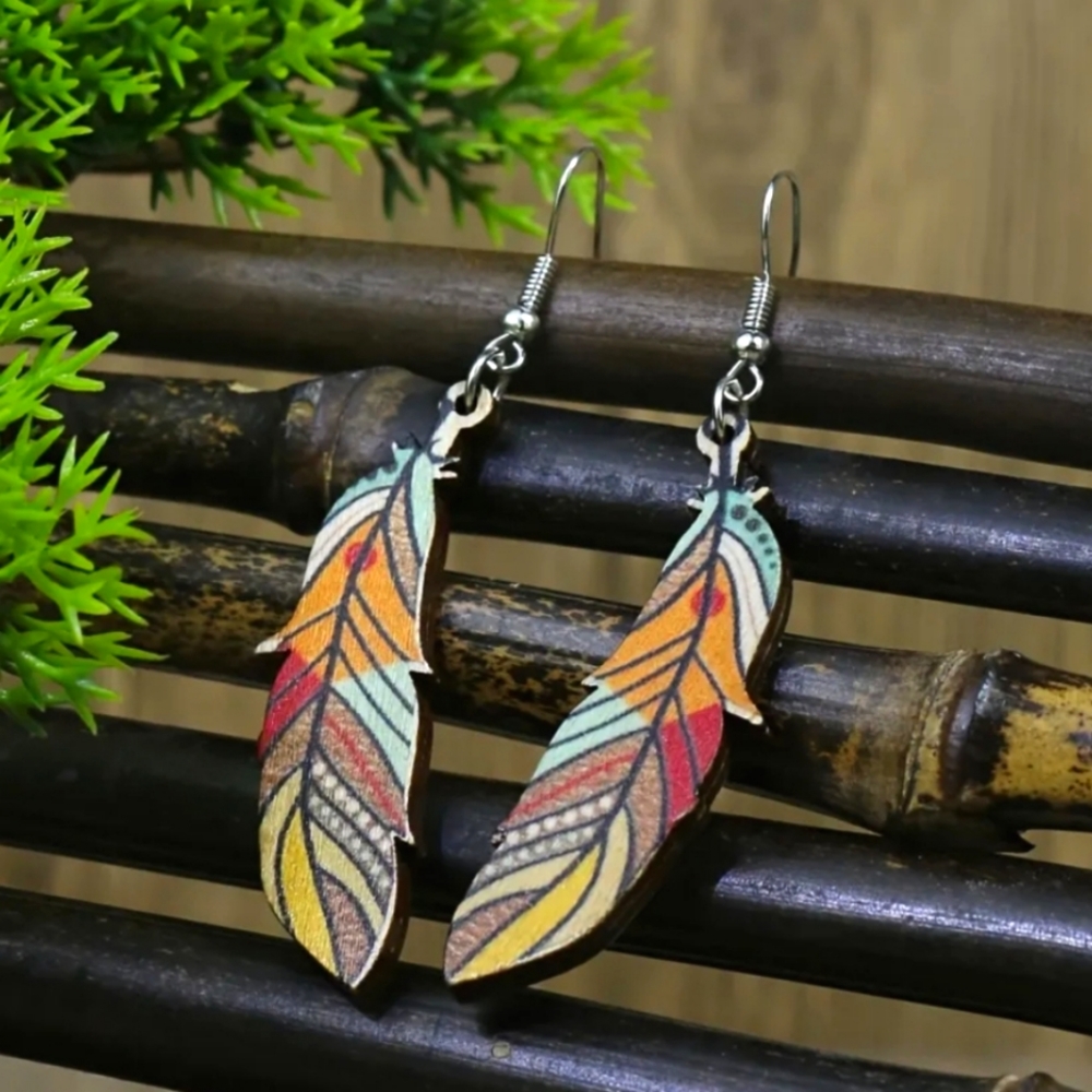 Wooden colorful feather earrings